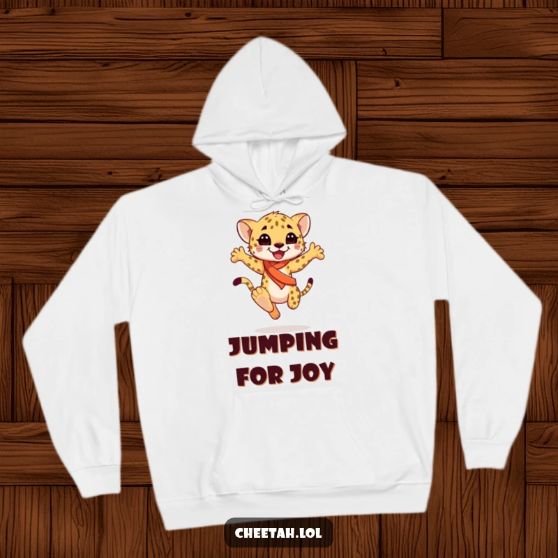 Funny happy cheetah cub wearing a sash, performing a graceful leap, on a warm hoodie, spreading joy, a hilarious funny gift.