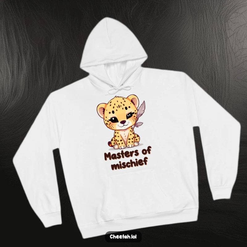 Funny Hoodie showcasing a cheetah cub with a playful wink, engaged in batting at a dangling feather, embodying cozy mischief and lighthearted fun.
