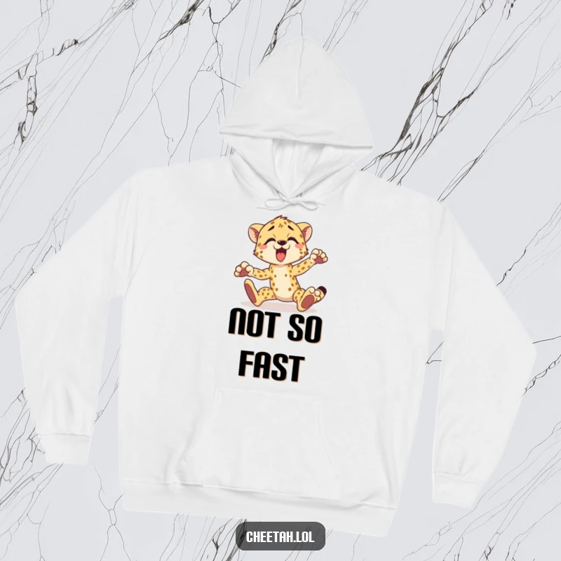 Funny cheetah hoodie showing a surprised cheetah tripping comically over its paws, ideal for comfort and humor.