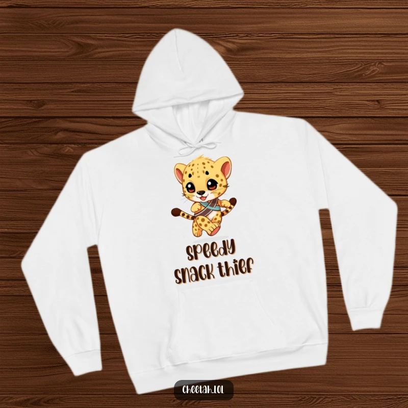 Funny Hoodie featuring a cheetah cub with a racing sash, depicted in motion with a blurred background, embodying speed and competitive humor.