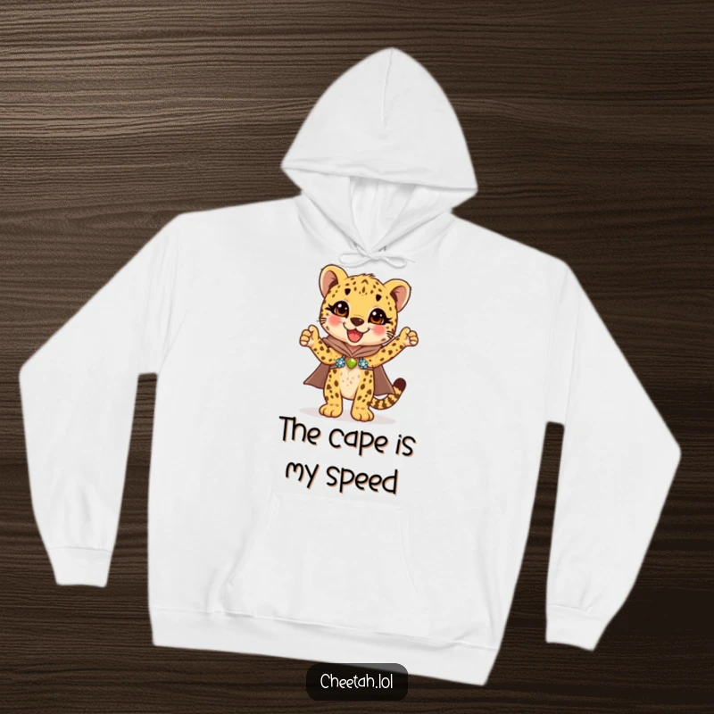 Funny cheetah cub in a brilliant sequined cape striking a confident pose, embodying pure delight on this cozy hoodie.