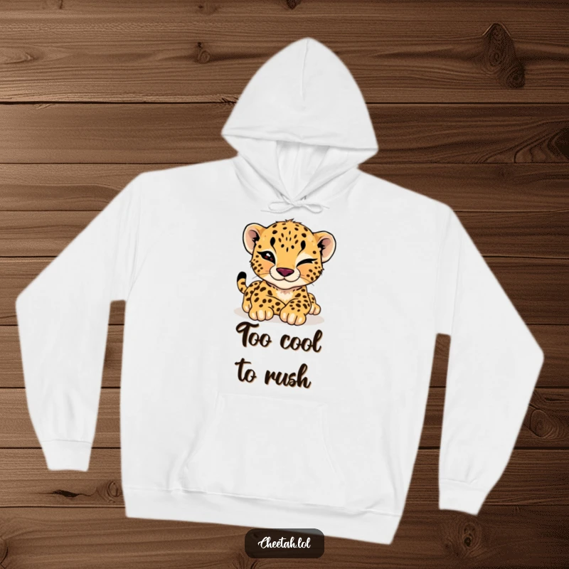 Funny cheetah cub hoodie featuring a relaxed cub giving a playful wink while stretching, offering cozy cool cat vibes.