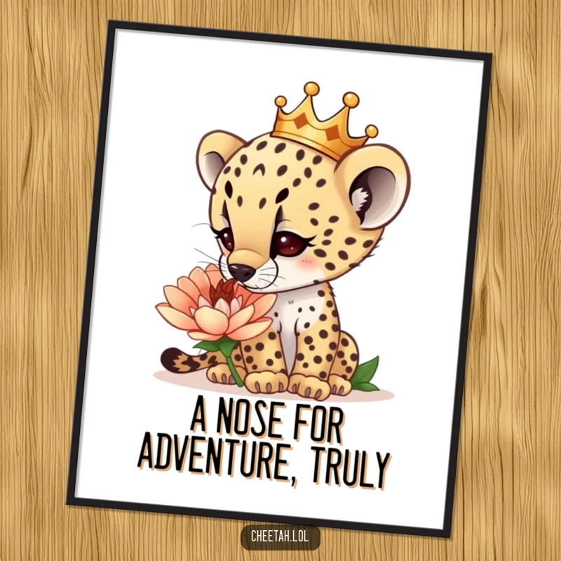 Funny Free Printable Wall Art: Curious cheetah cub wearing a tiny crown sniffs a giant flower.