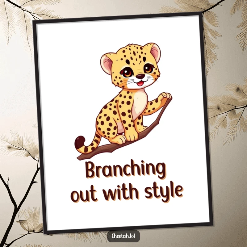 Funny Free Printable Wall Art: A cheetah cub showcases amazing balance on a precarious thin branch, bringing jungle vibes home.