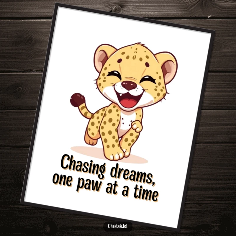 Funny Free Printable wall art: A giggling cheetah cub is caught mid-chase, joyfully pursuing its tail with boundless energy.