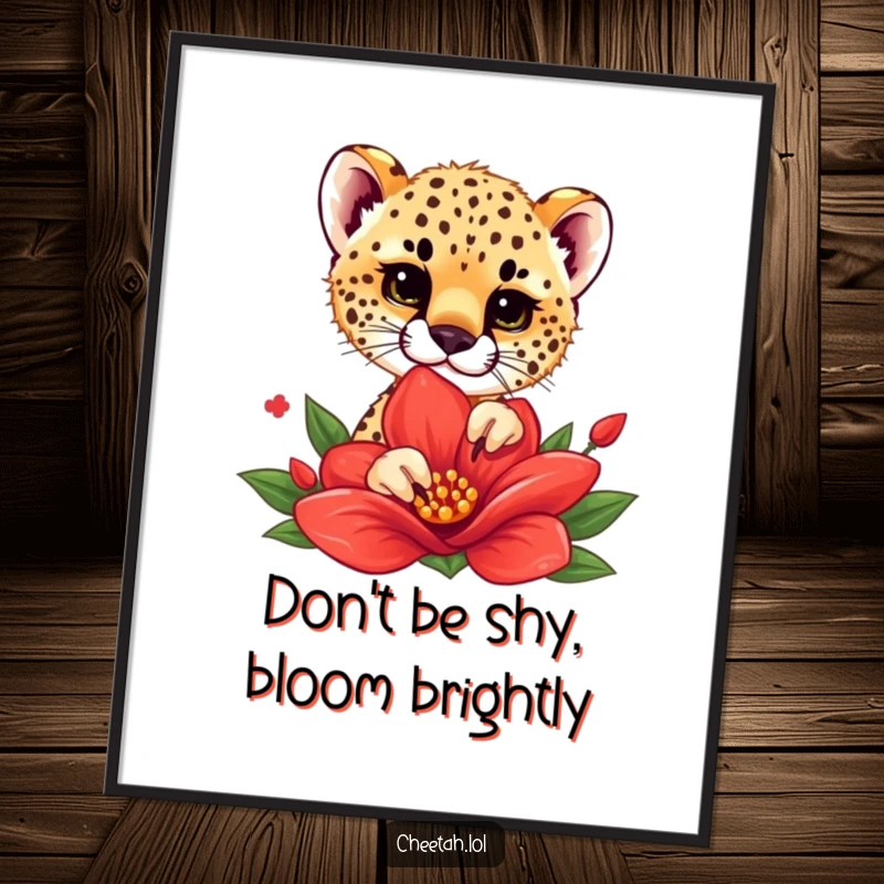 Funny Free Printable Wall Art: Cheetah cub playfully peeking from behind a large red flower, adding a touch of gentle humor.
