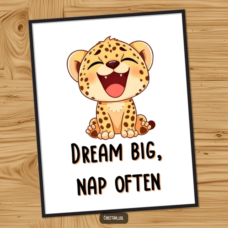 Funny Free Printable wall art: A cheetah cub looks utterly content, letting out a big, happy yawn.