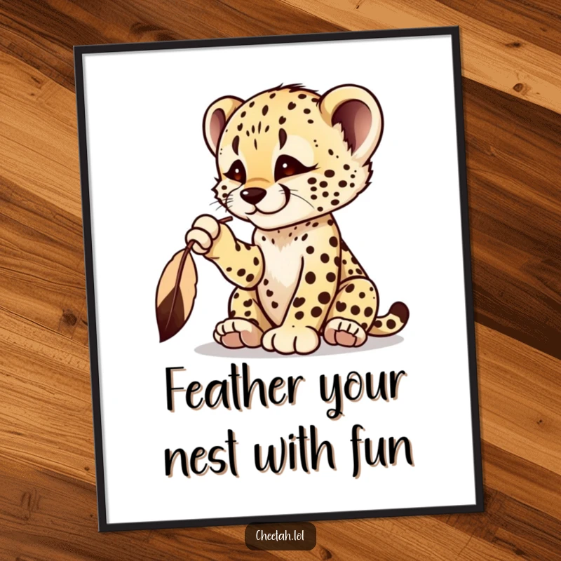 Funny Free Printable Wall Art: A cheetah cub energetically bats at a dangling feather, full of playful curiosity.