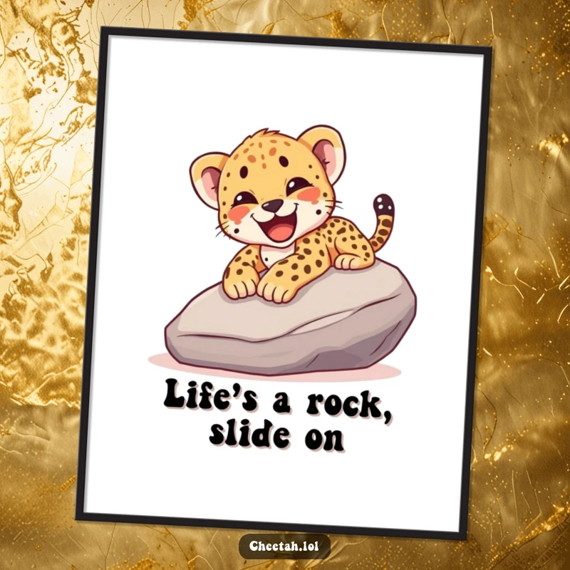 Funny Free Printable Wall Art: Cheetah cub sliding down a rock with a happy yelp, bringing kinetic humor to your space.