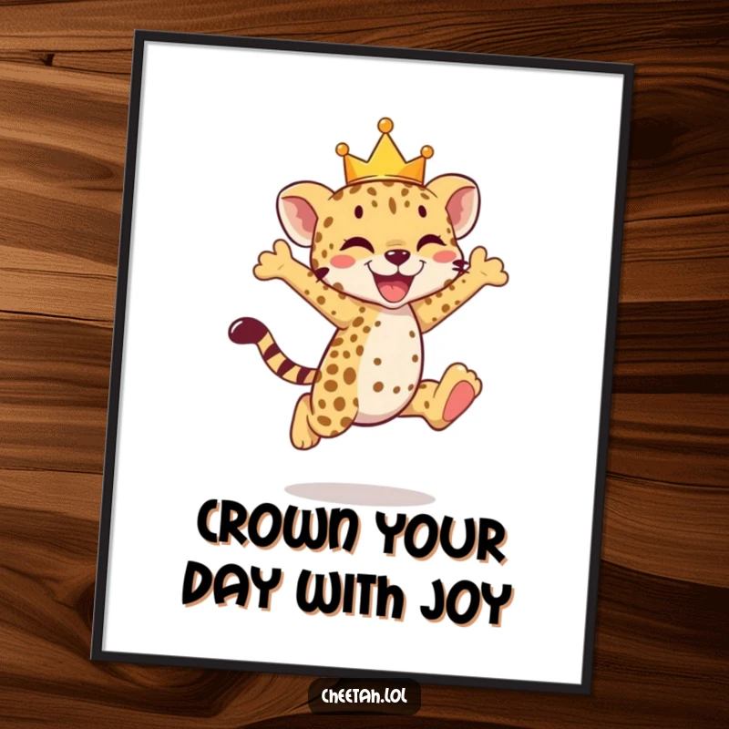 Funny Free Printable Wall Art: A cheetah cub wearing a tiny crown is captured mid-leap with pure delight.