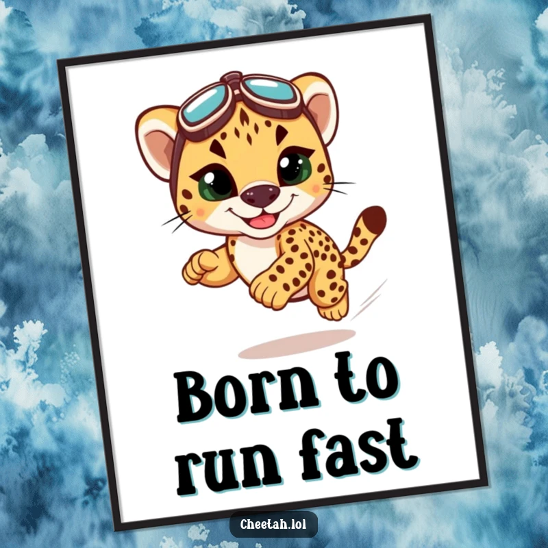 Funny Free Printable Wall Art: A cute cheetah cub in tiny racing goggles, speeding forward with an infectious grin and wild energy.