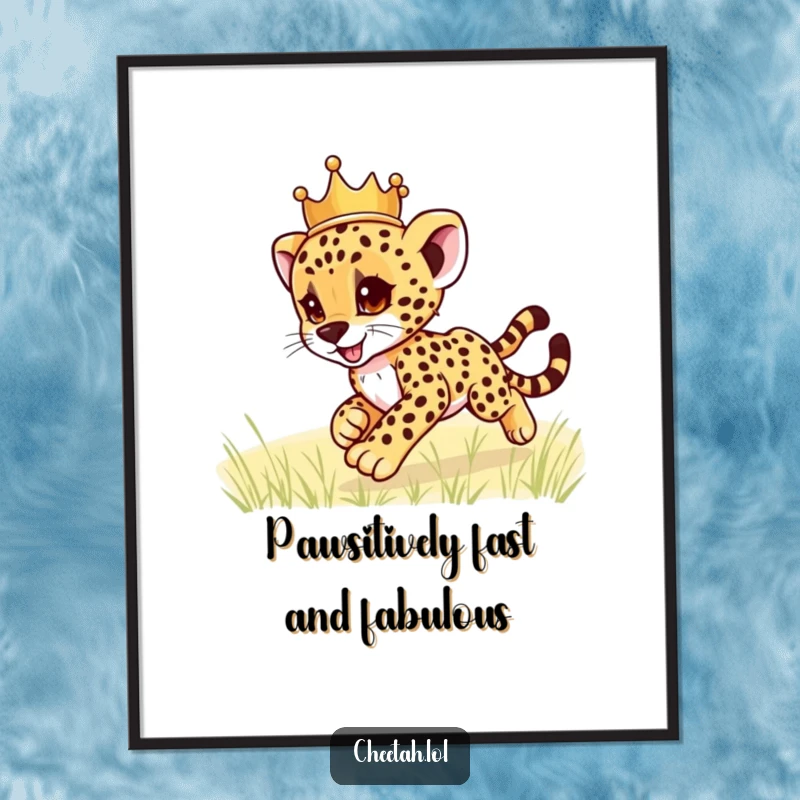Funny Free Printable Wall Art: Cute crowned cheetah cub playfully zooms across a field, bringing speed and joy.