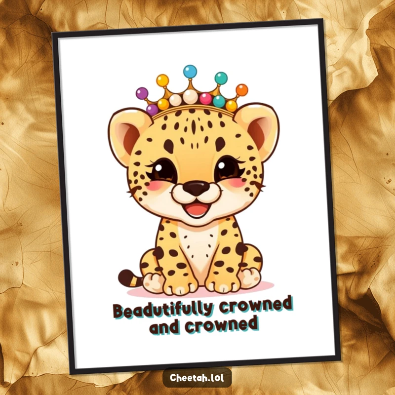Funny Free Printable Wall Art: Giggling cheetah cub dons a crown made of colorful beads, spreading joy.