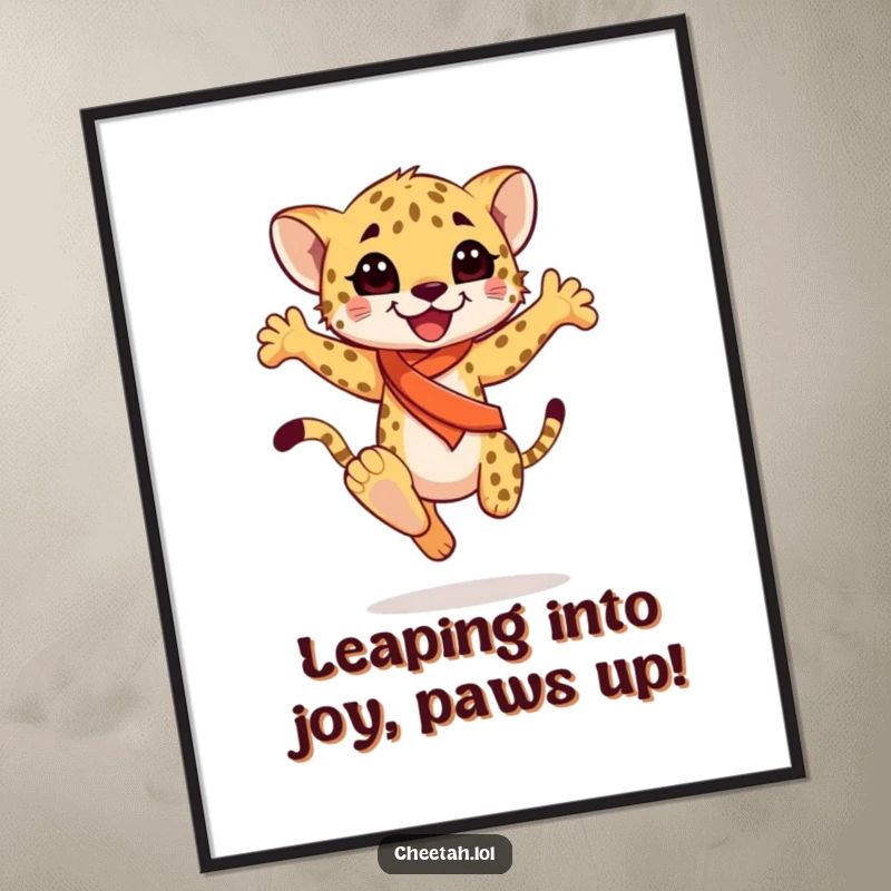 Funny Free Printable Wall Art: Happy cheetah cub with a sash performs a graceful leap, adding flair.