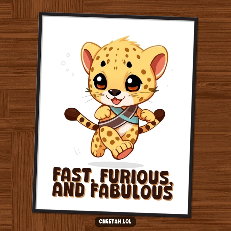Funny Free Printable Wall Art: A determined cheetah cub in a racing sash speeds by with a blurred background.