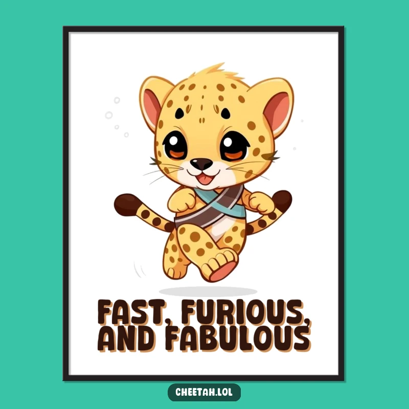 Free Printable Wall Art: Racing Cheetah Cub - Funny Downloadable Kids Room Decor
