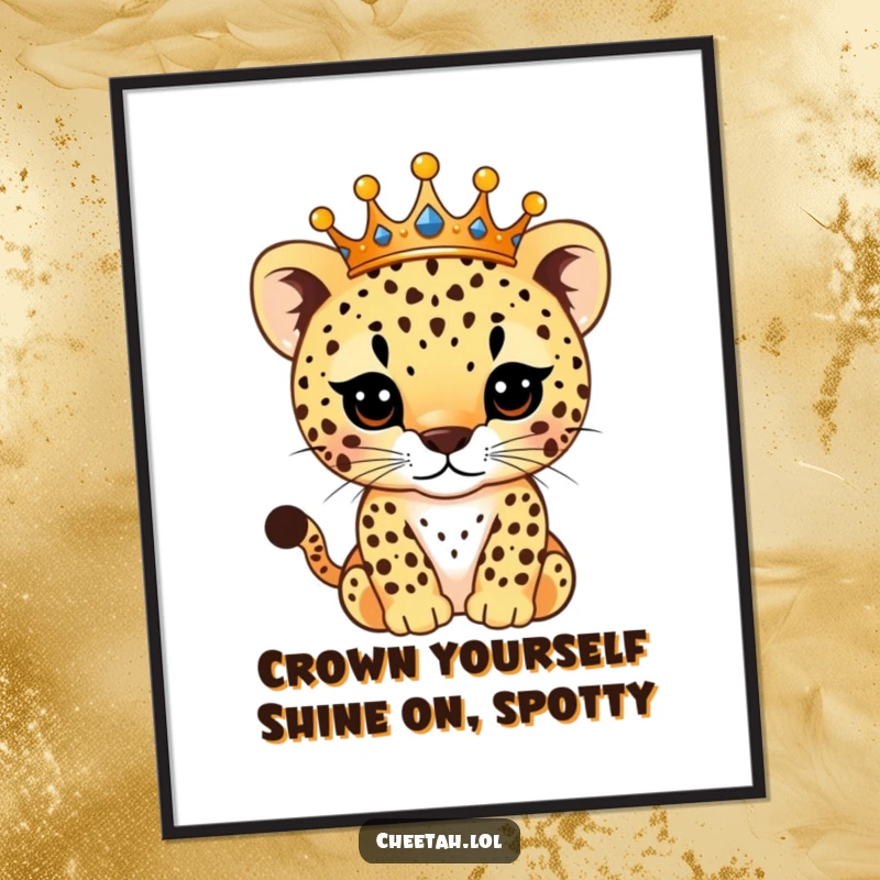 Funny Free Printable Wall Art: A majestic cheetah cub king sits proudly, sporting a glittering crown, with sparkling spots.