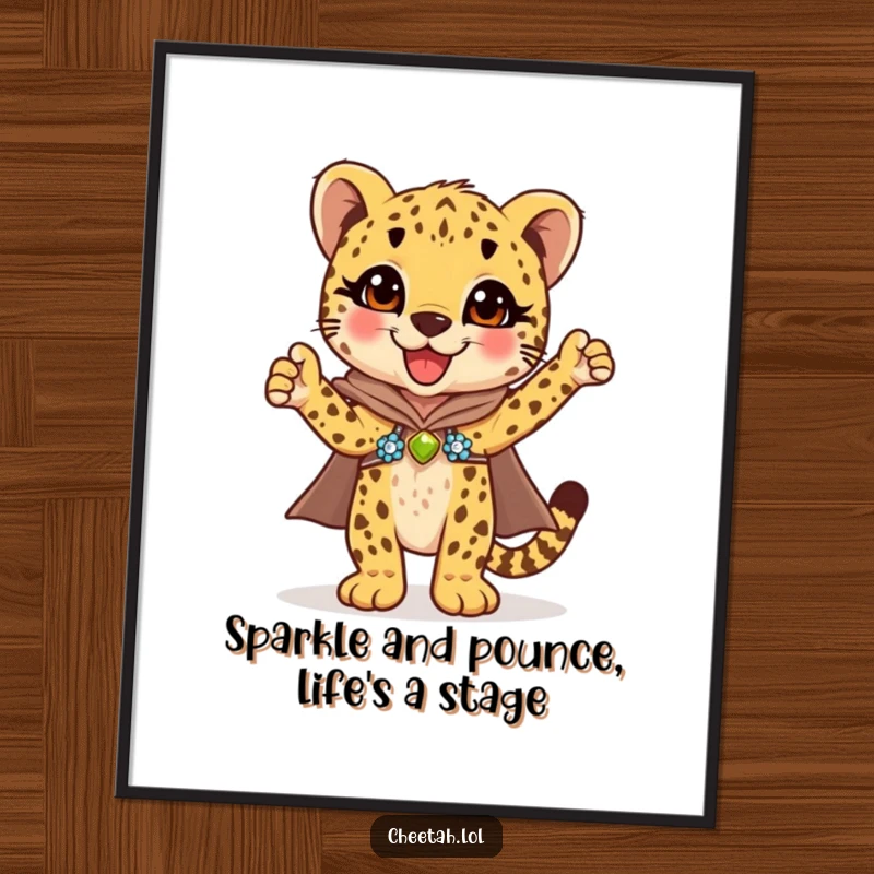 Funny Free Printable Wall Art: Cheetah cub in a sparkly sequined cape, posing triumphantly, adding fun decor.