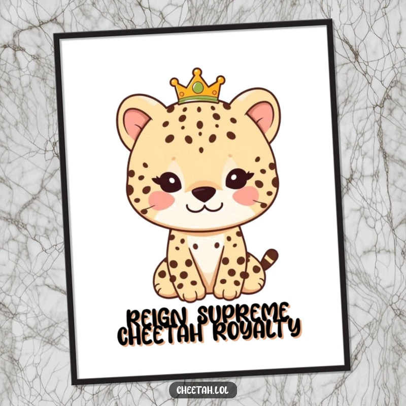 Funny Free Printable Wall Art: A cheetah character with a gentle, happy smile and a charming, tiny crown.