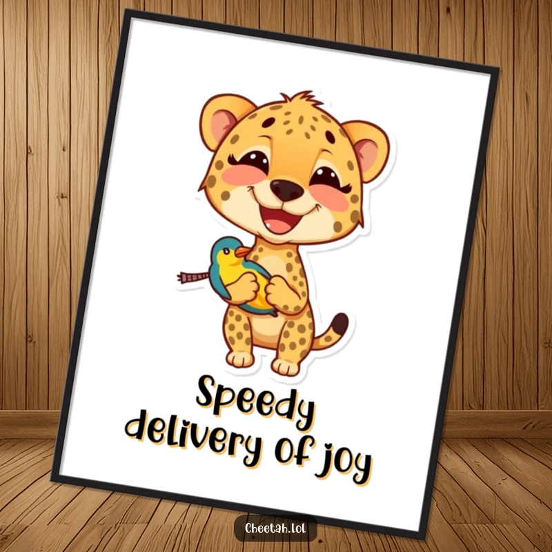 Funny Free Printable Wall Art: A smiling cheetah with a tiny bird, bringing quirky charm and wild humor to any room.