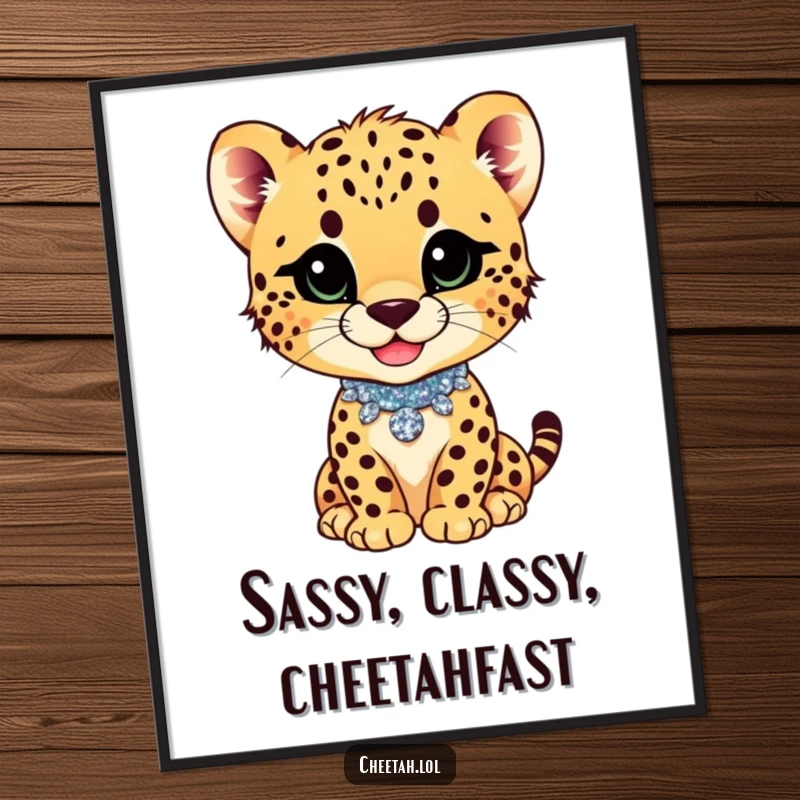 Funny Free Printable Wall Art of a cheetah cub wearing a glittery collar and sporting a playful, confident smirk.