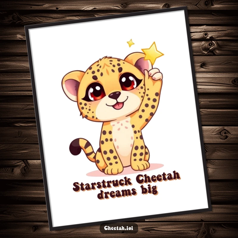 Funny Free Printable Wall Art: A cheetah cub with big, hopeful eyes reaching towards a brilliantly shimmering star in the night sky.