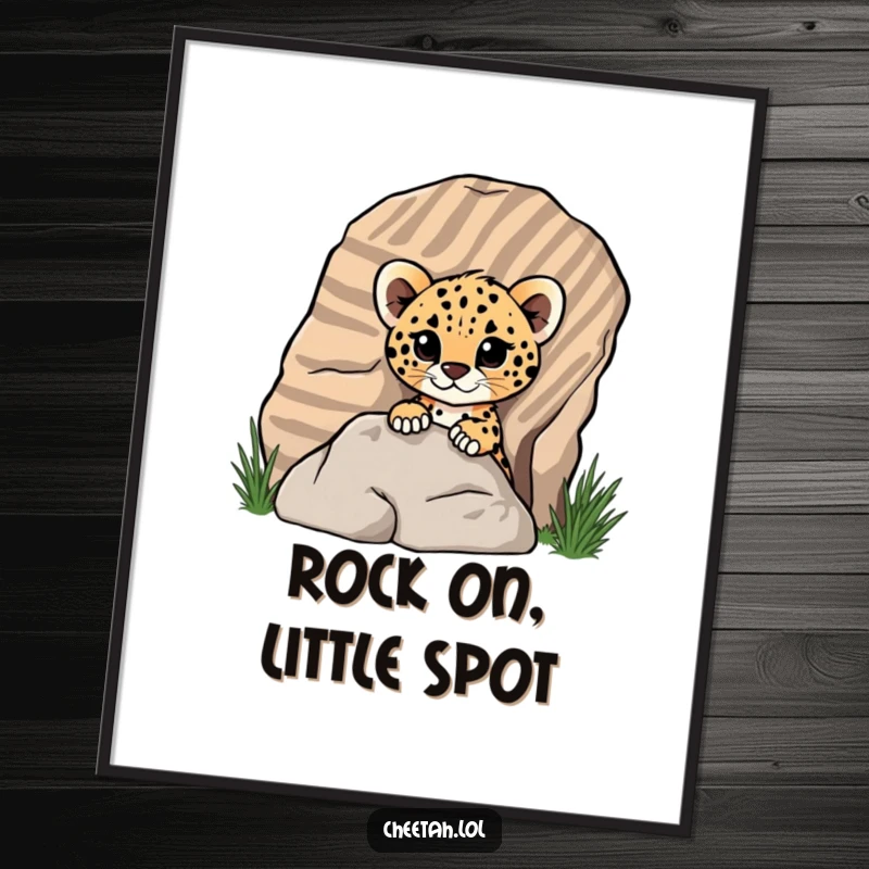 Funny Free Printable Wall Art: A curious cheetah cub peeking playfully from behind a large striped rock, bringing jungle humor home.