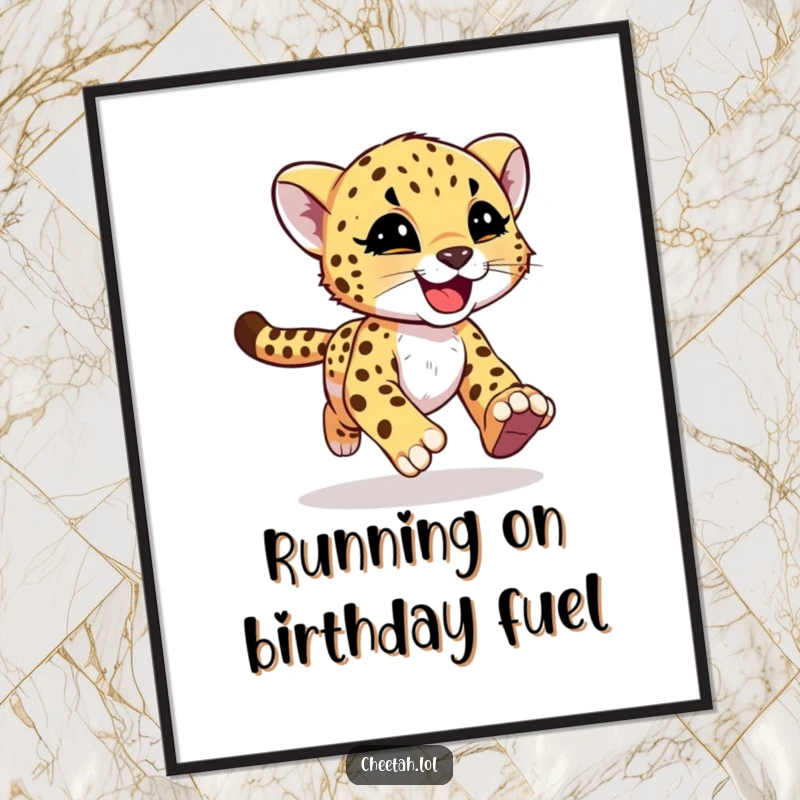 Funny Free Printable Wall Art: A cheetah cub running with joyful abandon, streaks of motion showing its speed and playful spirit.