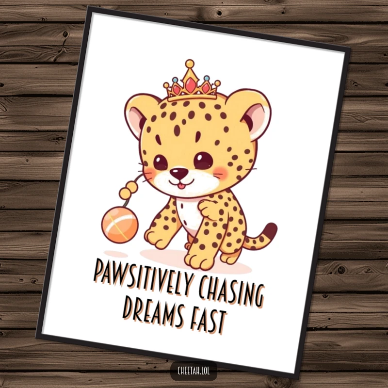 Funny Free Printable Wall Art: Cheetah cub with a tiara, focused on playfully chasing a dangling toy ball.