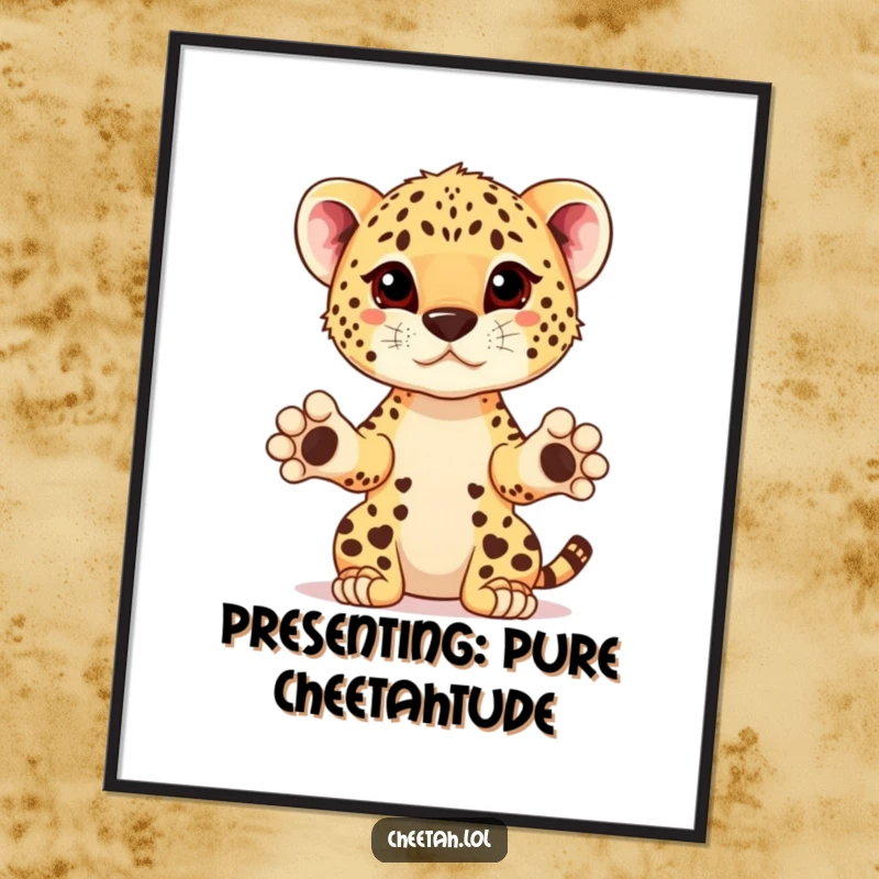Funny Free Printable Wall Art of a cheetah cub presenting an imaginary prize with its paws extended in a welcoming manner.