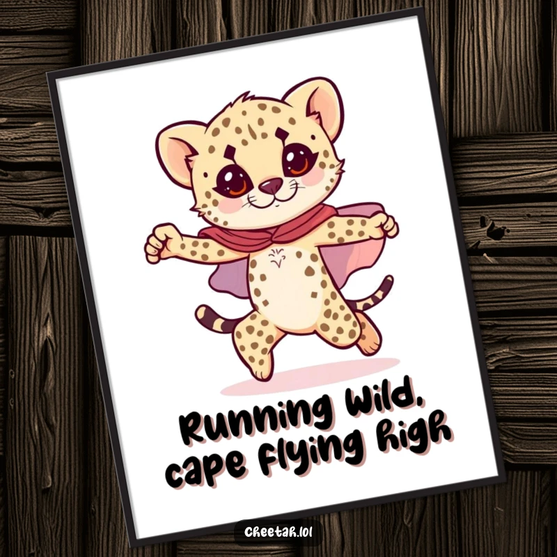 Funny Free Printable Wall Art: Cheetah cub wearing a sparkly cape, striking a heroic pose confidently mid-stride.