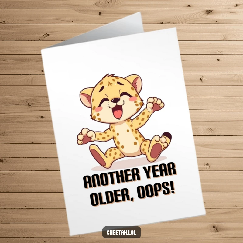 Funny Free Printable Birthday Card of a cheetah tripping, exclaiming 'Yelp!' – a hilarious greeting.