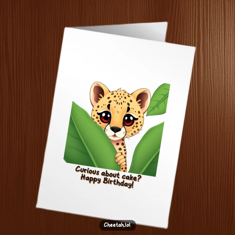 Funny Free Printable Birthday Card: A cheetah with big curious eyes peeks from behind a GIANT spotted leaf, ready to celebrate.