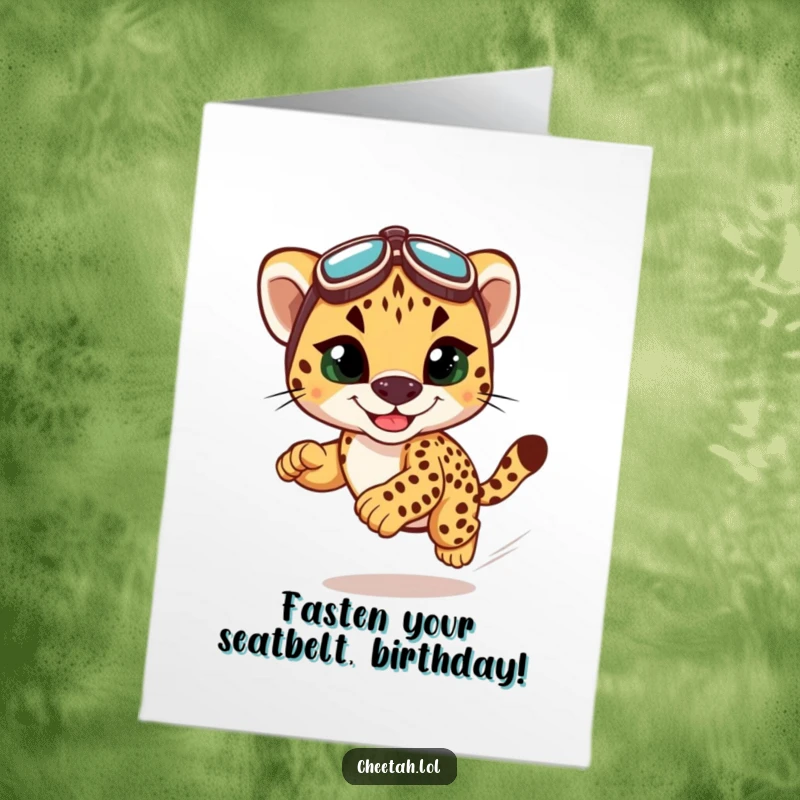 Funny Free Printable Birthday Card: A cute cheetah cub wearing tiny racing goggles, speeding with a huge grin for a birthday wish.