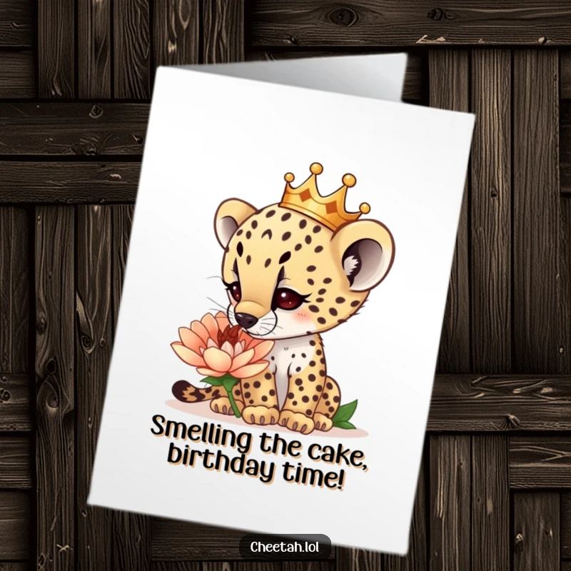 Funny Free Printable Birthday Card: Curious crowned cheetah cub sniffs a giant flower, celebrating birthdays.