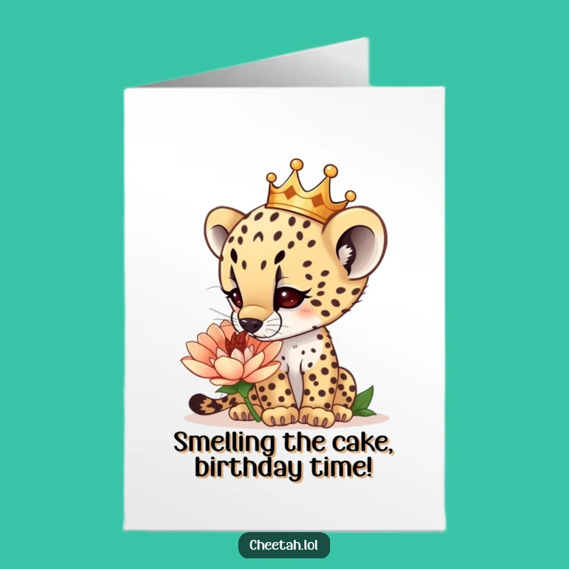 Free Printable Birthday Card: Cheetah Crown Flower Sniff - Funny Downloadable Gift
