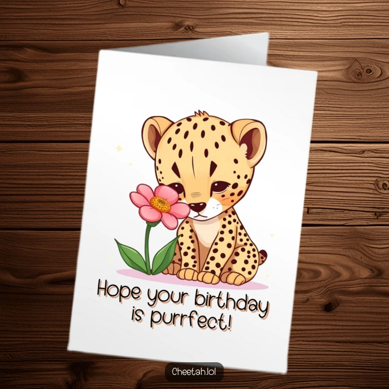 Funny Free Printable Birthday Card: A curious cheetah cub cautiously sniffing a vibrant desert flower, full of wonder.