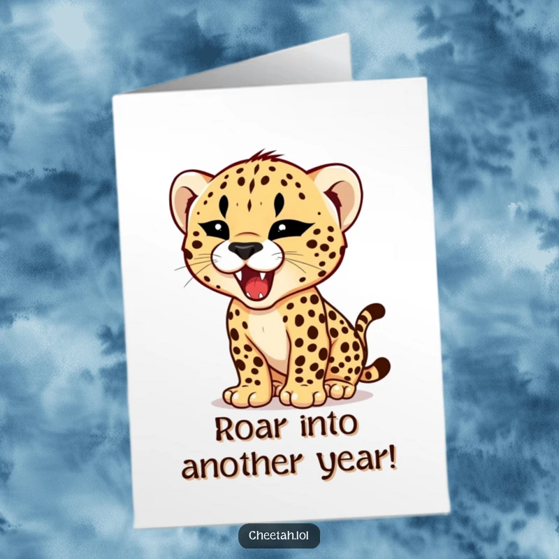Funny Free Printable Birthday Card: A determined cheetah cub with a fierce expression, practicing its tiny but mighty roar.
