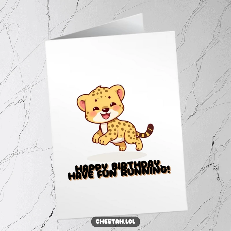 Funny Free Printable Birthday Card: A smiling cheetah cub playfully chasing its own tail in a happy, dizzy circle.