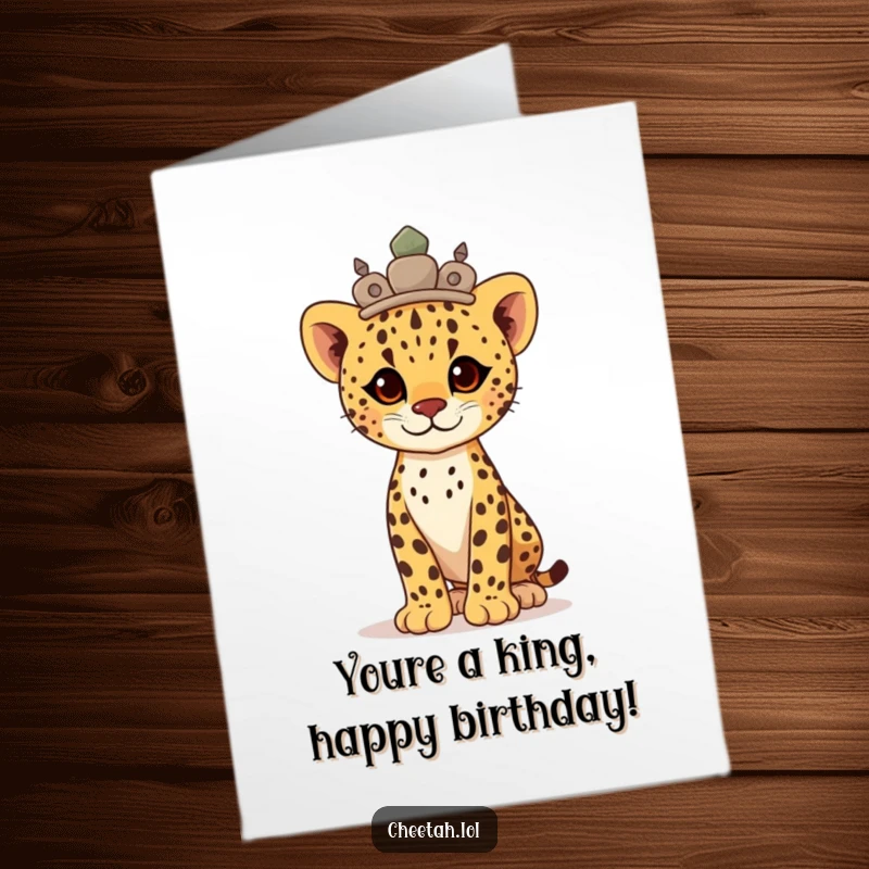 Funny Free Printable Birthday Card: Proud cheetah cub with a stone crown, standing tall and regal on their birthday.