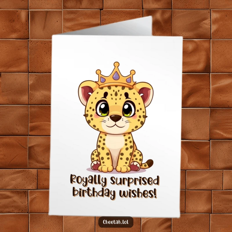 Funny Free Printable Birthday Card: Cheetah cub wearing a crown, looking extremely surprised with wide, curious eyes.