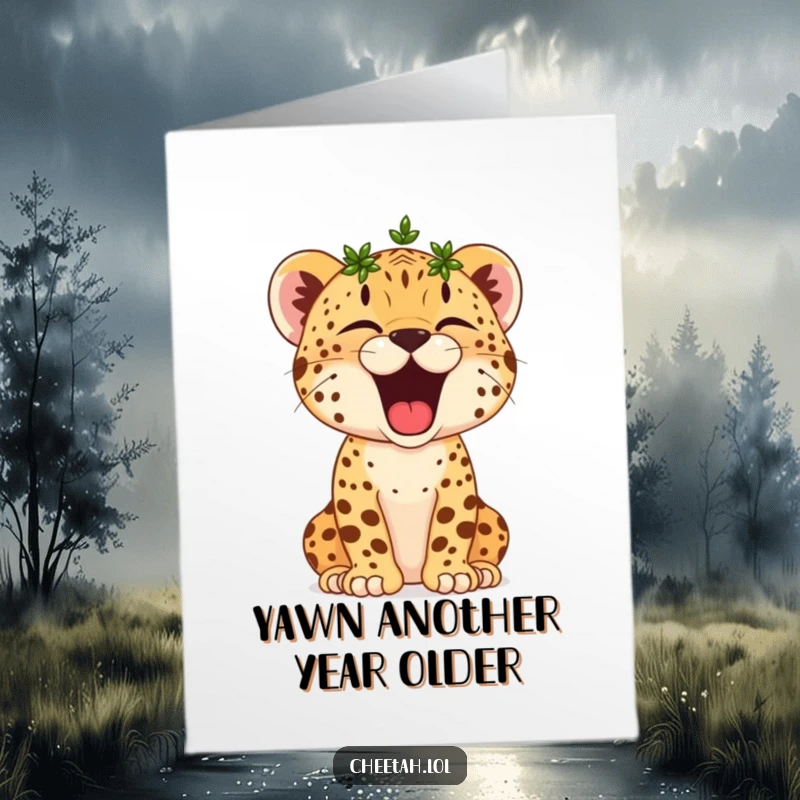 Funny Free Printable Birthday Card: A cheetah cub with a tiny laurel wreath on its head lets out a huge, charming yawn.