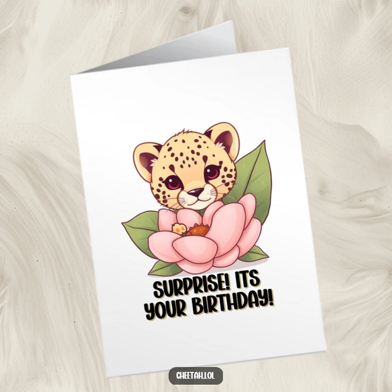 Funny Free Printable Birthday Card: a curious cheetah cub peeks out playfully from behind a giant, vibrant flower.