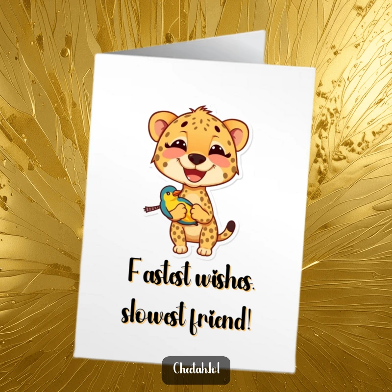 Funny Free Printable Birthday Card featuring a smiling cheetah carrying a colorful bird, ready to deliver birthday cheer.