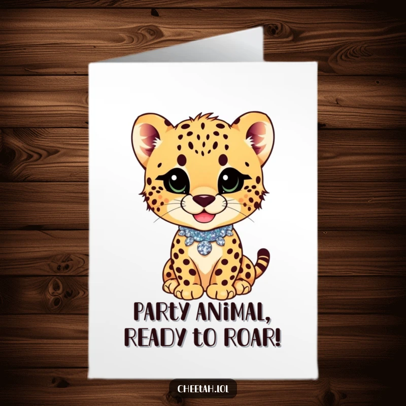 Funny Free Printable Birthday Card: a cheetah cub with a playful smirk wears a glittery collar, looking cool.