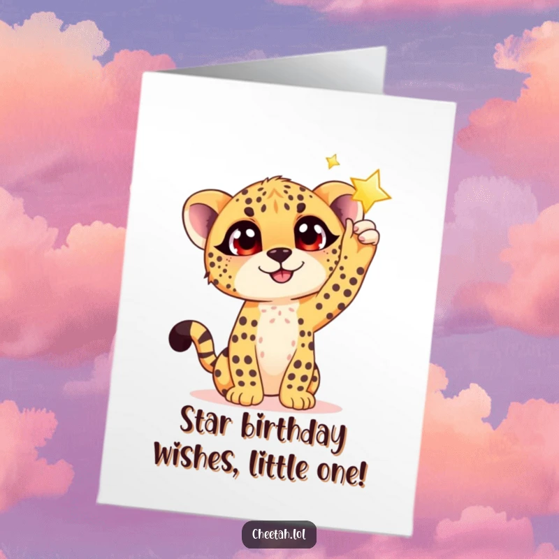 Funny Free Printable Birthday Card: A cheetah cub with wide, happy eyes reaching upwards towards a shimmering star.