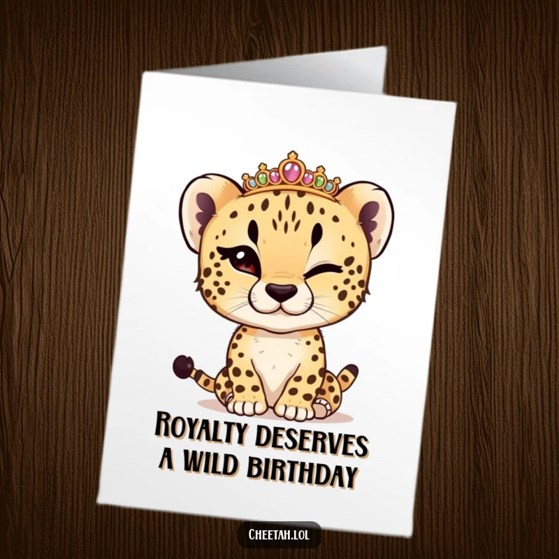 Funny Free Printable Birthday Card featuring a cheetah cub winking and adjusting a tiny tiara with sassy flair.