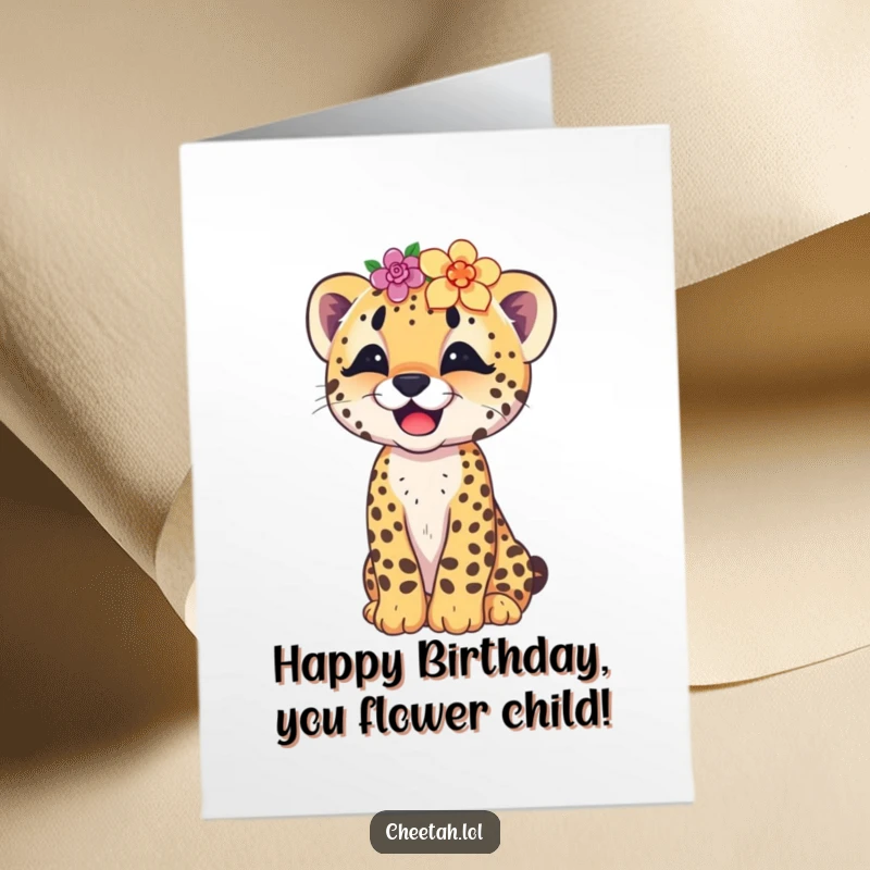 Funny Free Printable Birthday Card: A playful cheetah cub with a flower crown askew, giggling with pure delight.