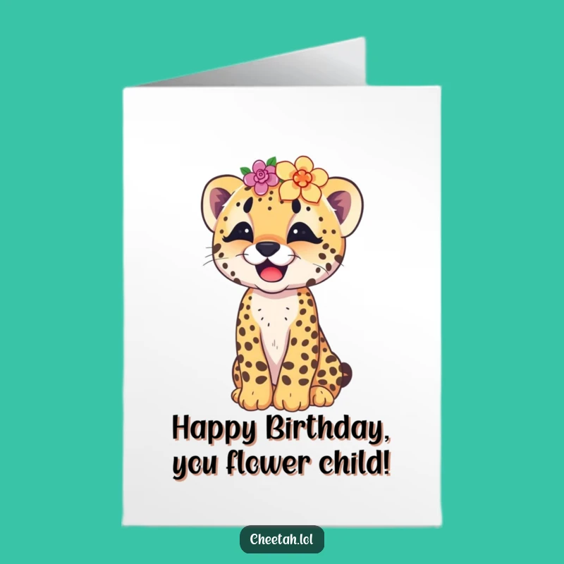 Funny Free Printable Cheetah Birthday Card - Giggling Cub Flower Crown Downloadable Gift