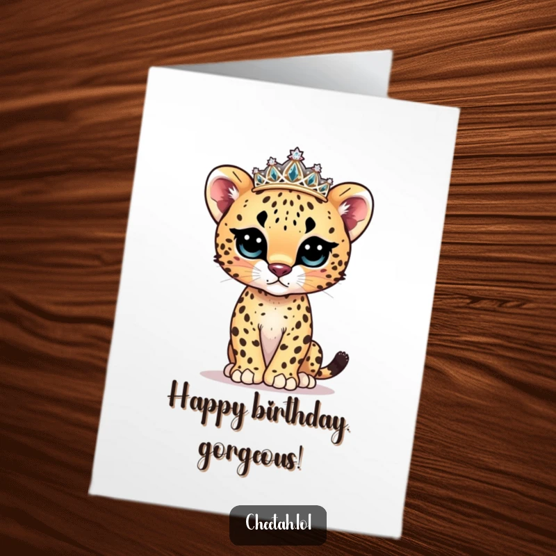 Funny Free Printable Birthday Card of a cute cheetah cub wearing a sparkly tiara, posing elegantly.